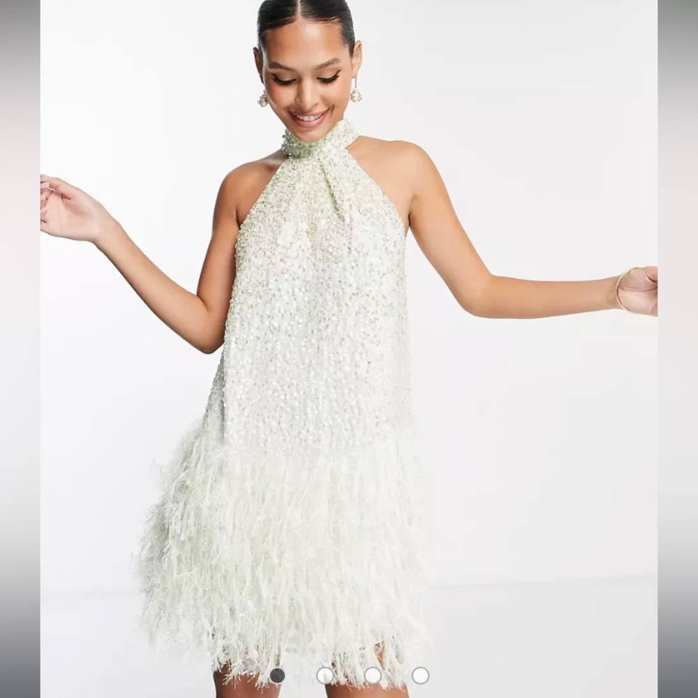 ASOS EDITION sequin halter mini dress, faux feather hem in sage green, eras tour